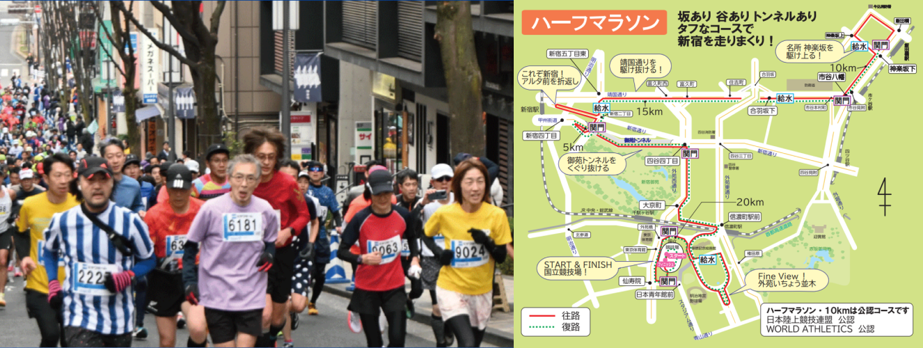 大会当日のランナーが走る様子の写真とマラソンコースの地図画像